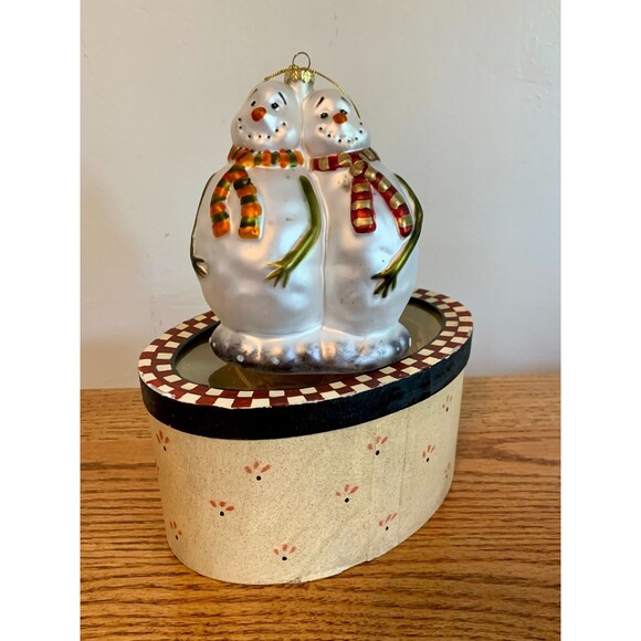 VTG 90s Primitive Snowman Couple Blown Glass Hand Painted Ornament w Box Xmas - Picture 1 of 16